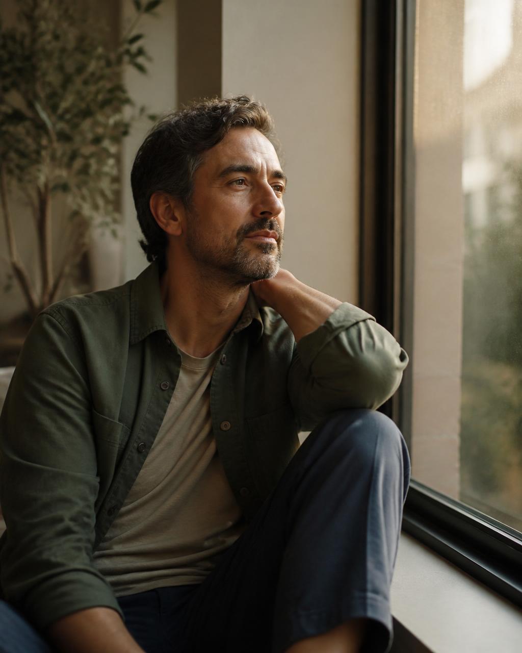 A man in midlife sitting by a window in quiet, contemplative light