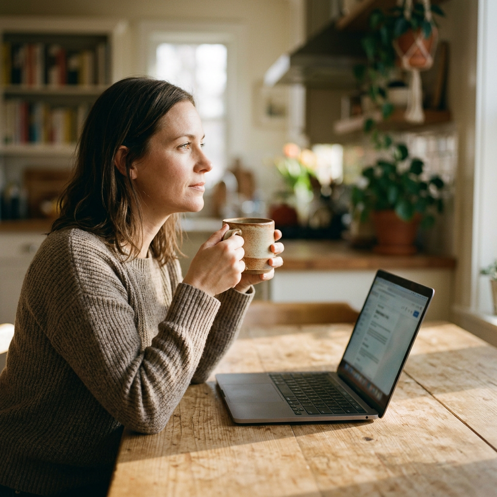 A woman in midlife resting by a window in soft morning light
