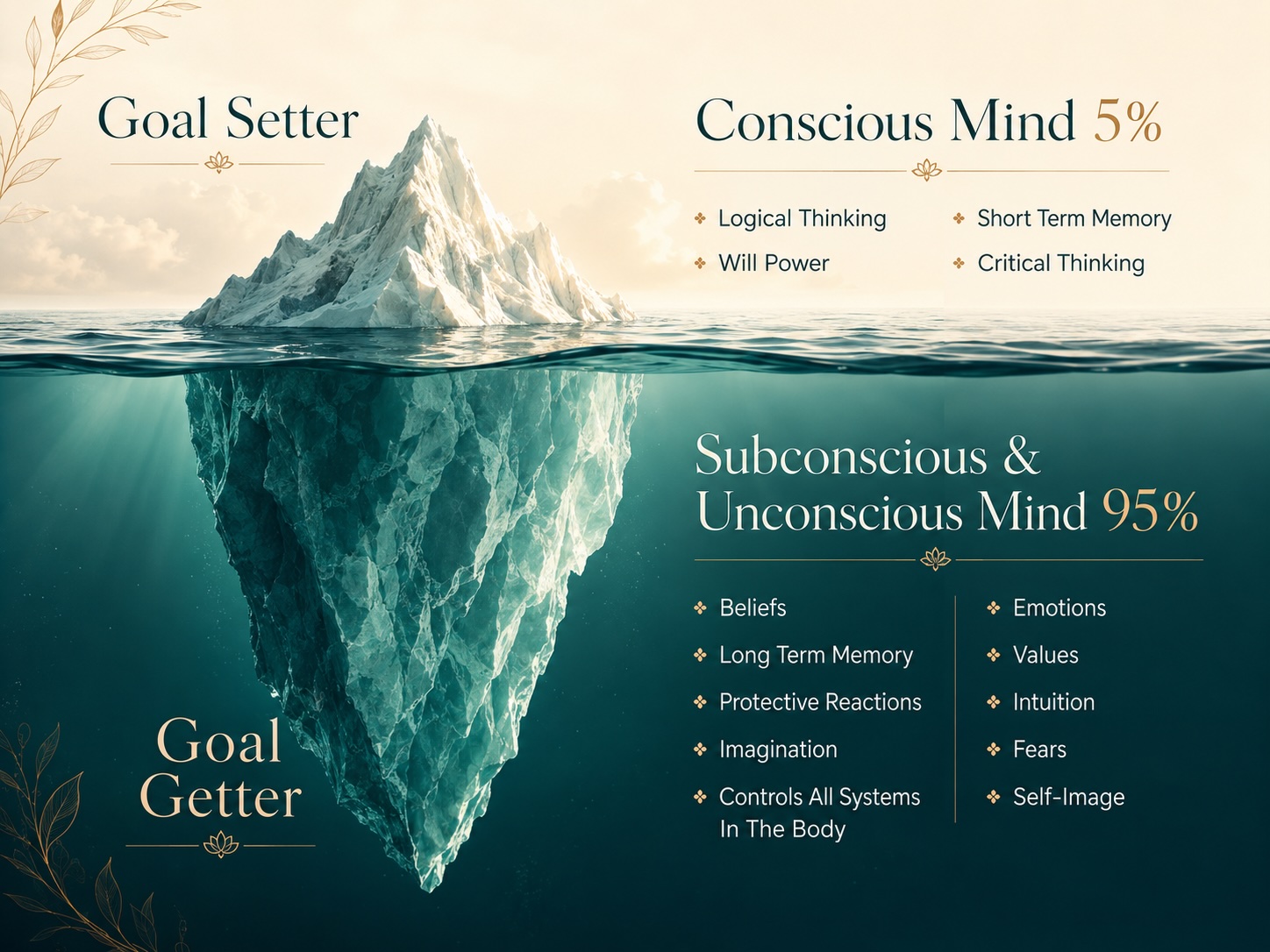 Iceberg illustration showing the small visible tip above water and the much larger unconscious mind below the surface.