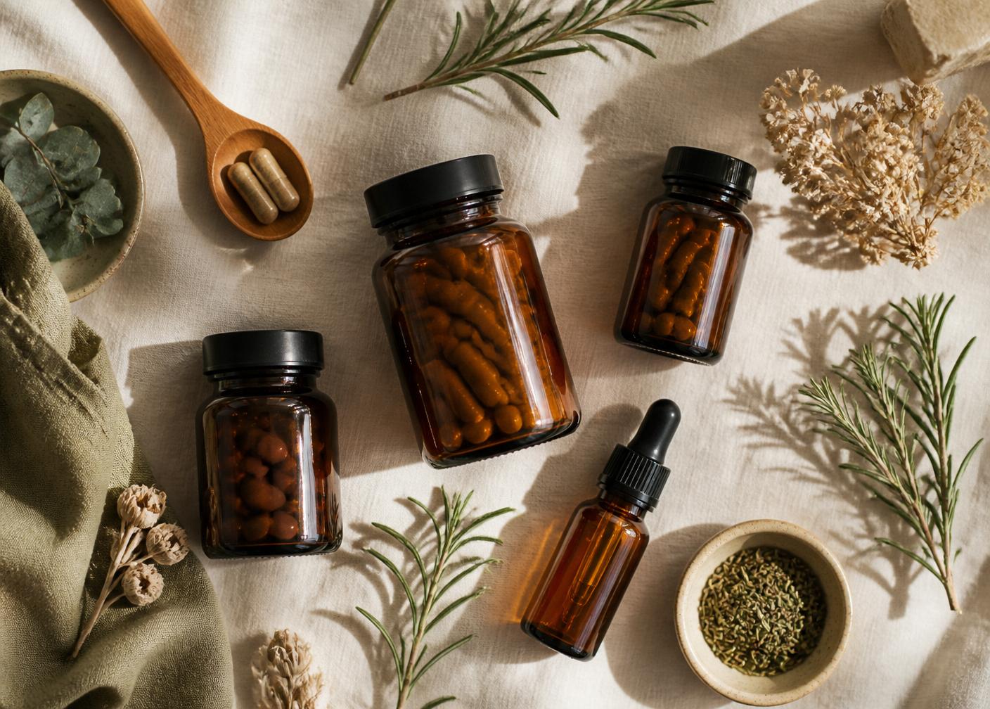 Flat-lay of practitioner-selected supplements and wellness essentials.